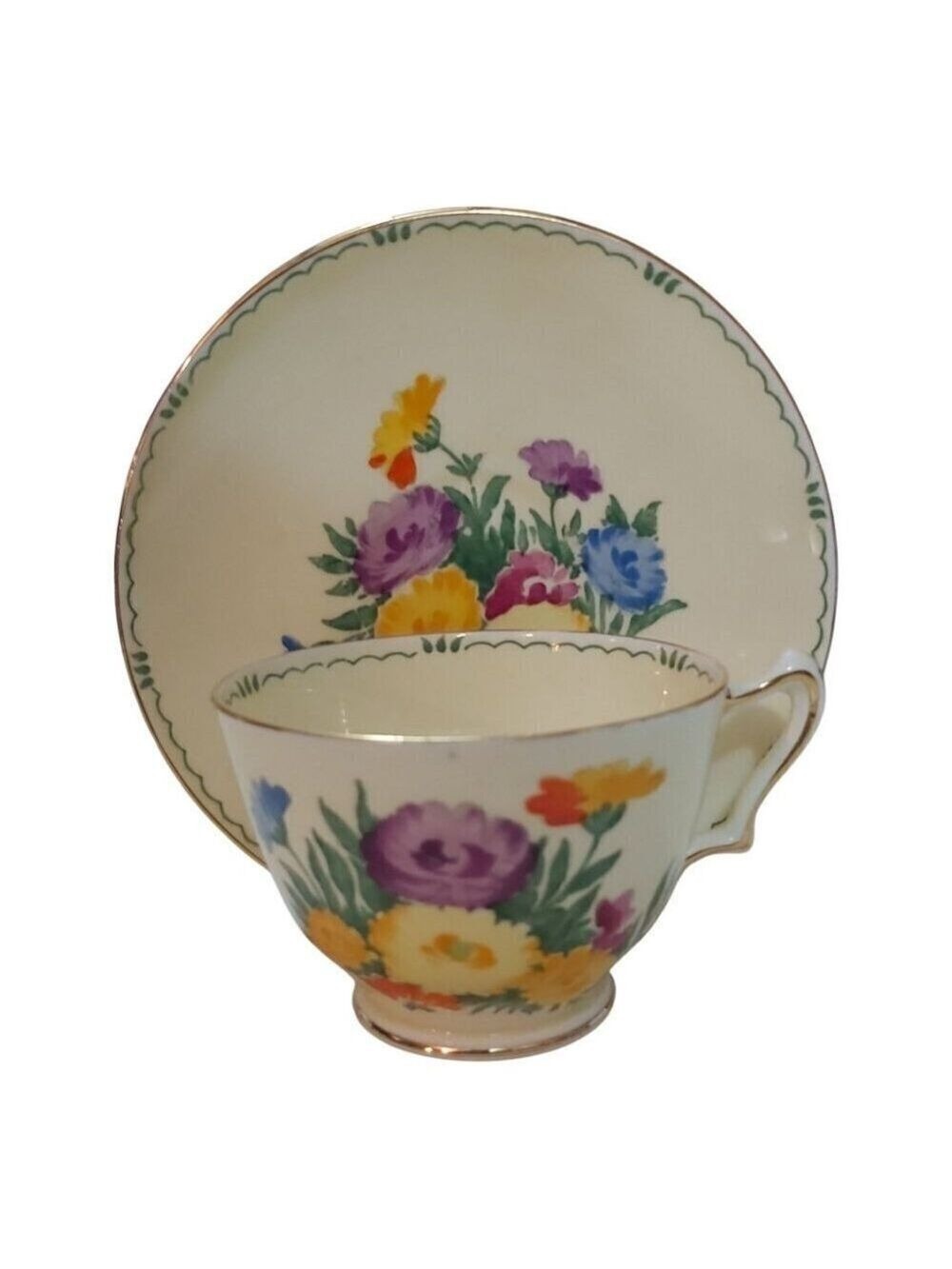 Vintage Crown Staffordshire Teacup and Saucer Set-1930s Floral Pattern Gold Trim